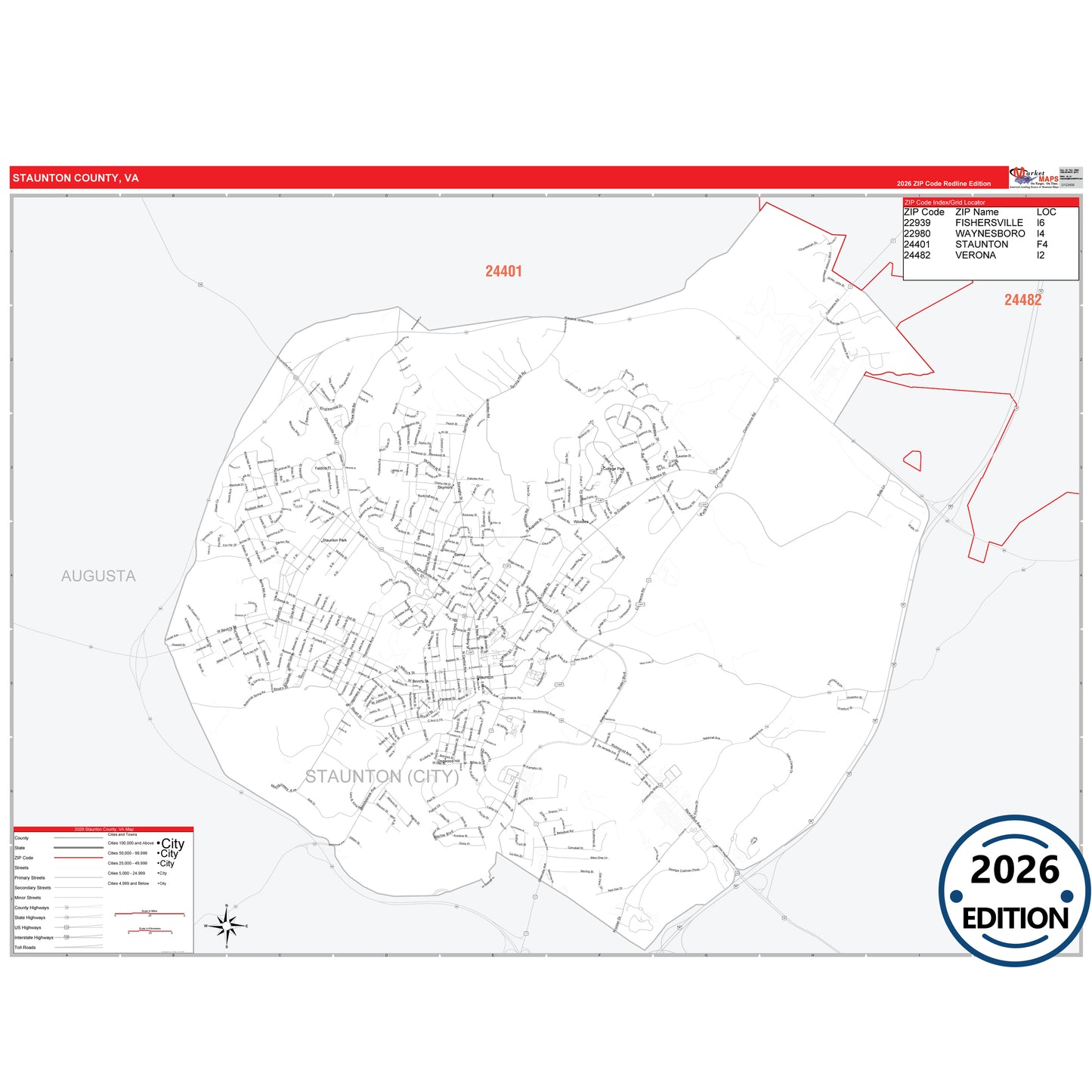 Staunton County, VA Red Line 5 Digit ZIP Code Wall Map