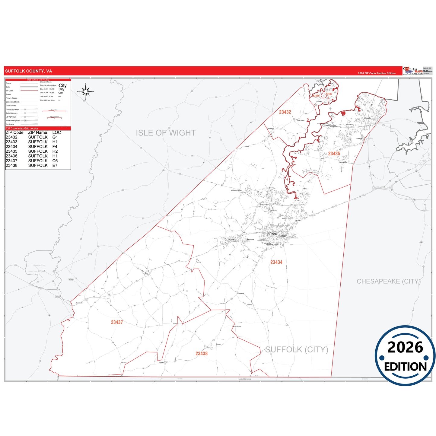 Suffolk County, VA Red Line 5 Digit ZIP Code Wall Map
