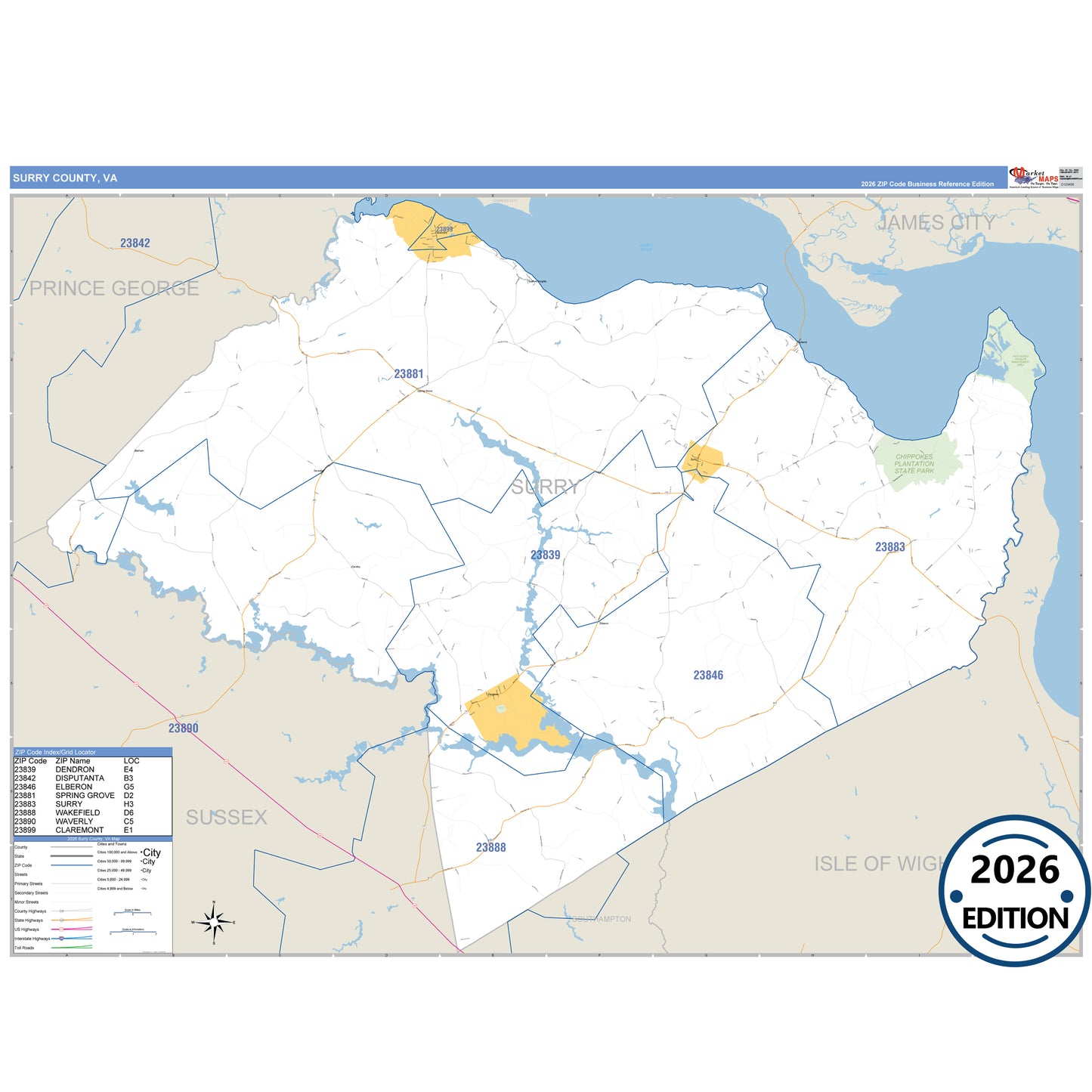 Surry County, VA Business Reference 5 Digit ZIP Code Wall Map
