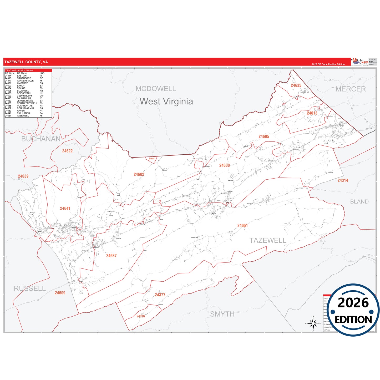 Tazewell County, VA Red Line 5 Digit ZIP Code Wall Map