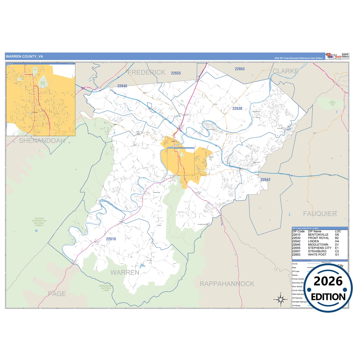 Warren County, VA Business Reference 5 Digit ZIP Code Wall Map