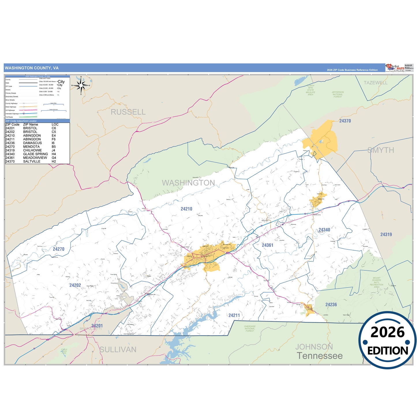 Washington County, VA Business Reference 5 Digit ZIP Code Wall Map