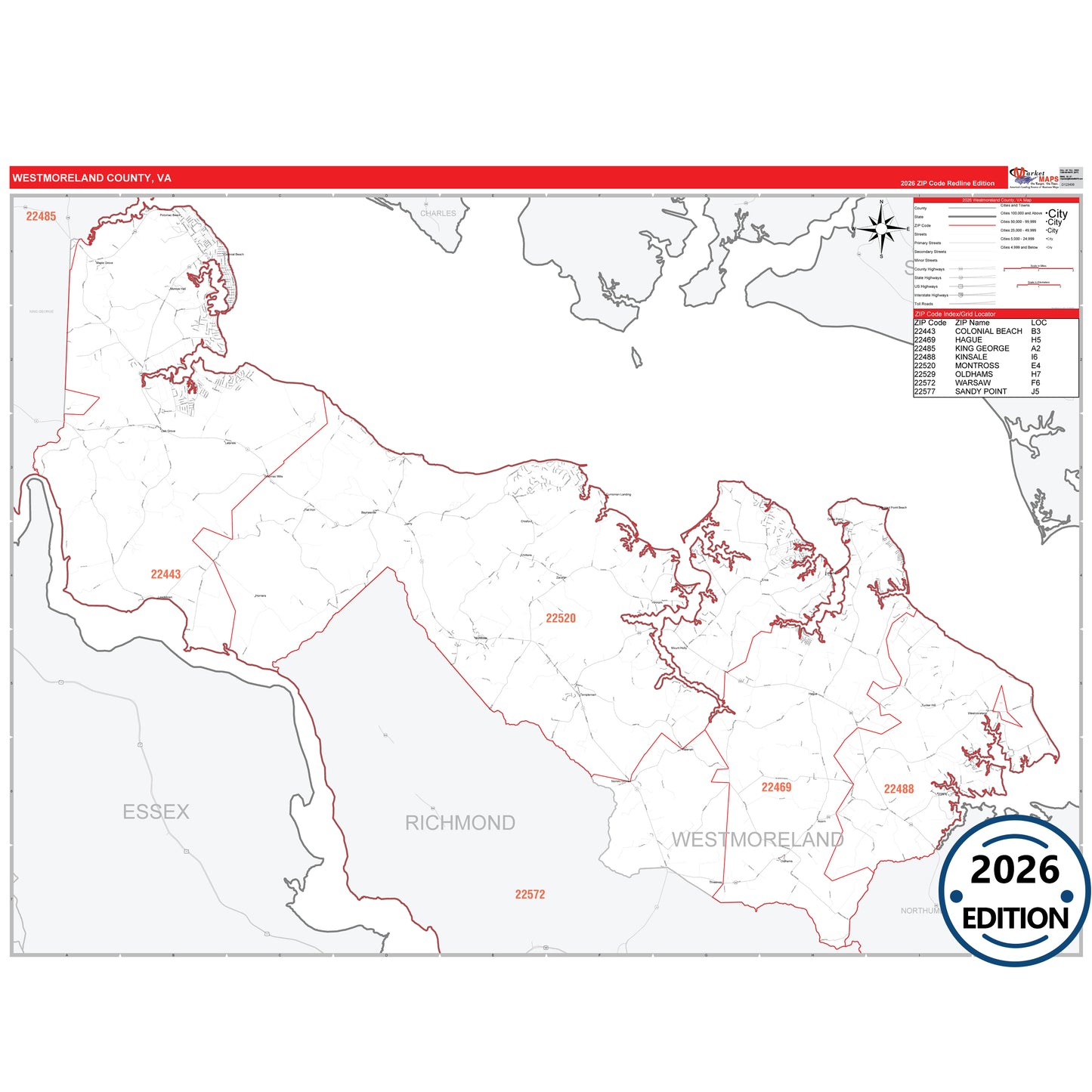 Westmoreland County, VA Red Line 5 Digit ZIP Code Wall Map