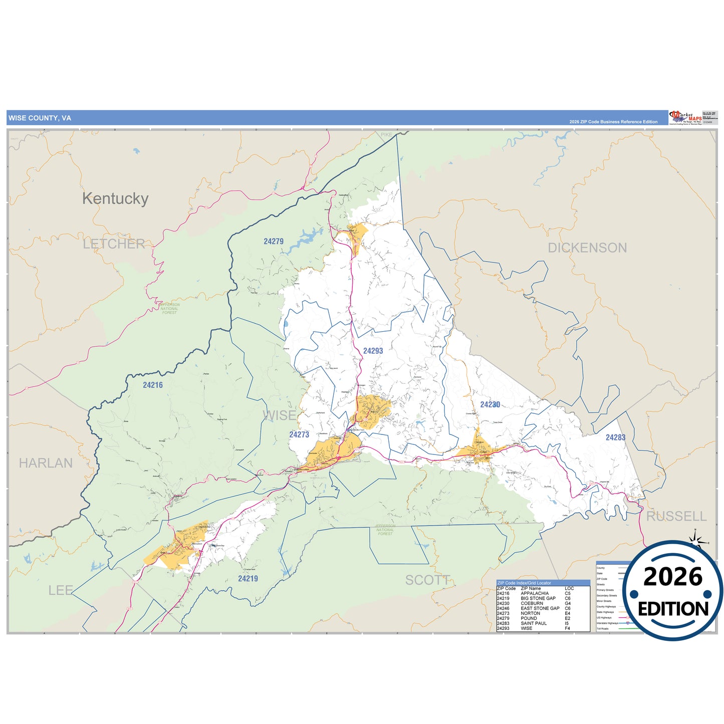 Wise County, VA Business Reference 5 Digit ZIP Code Wall Map