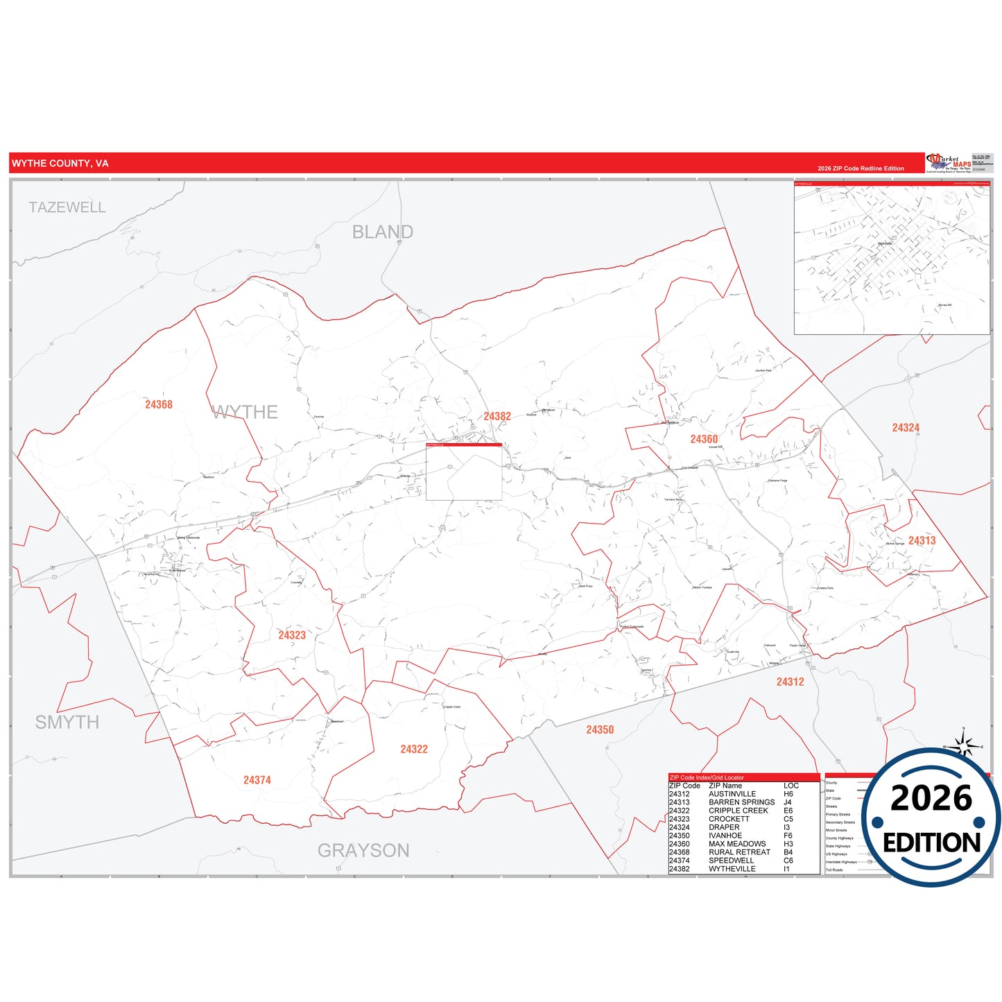 Wythe County, VA Red Line 5 Digit ZIP Code Wall Map