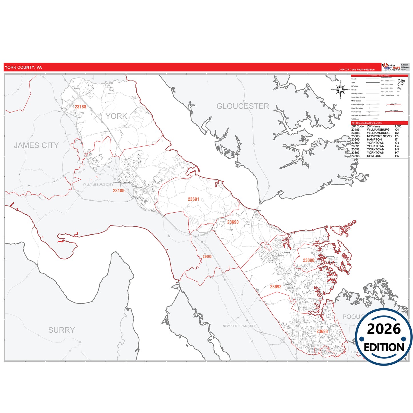 York County, VA Red Line 5 Digit ZIP Code Wall Map