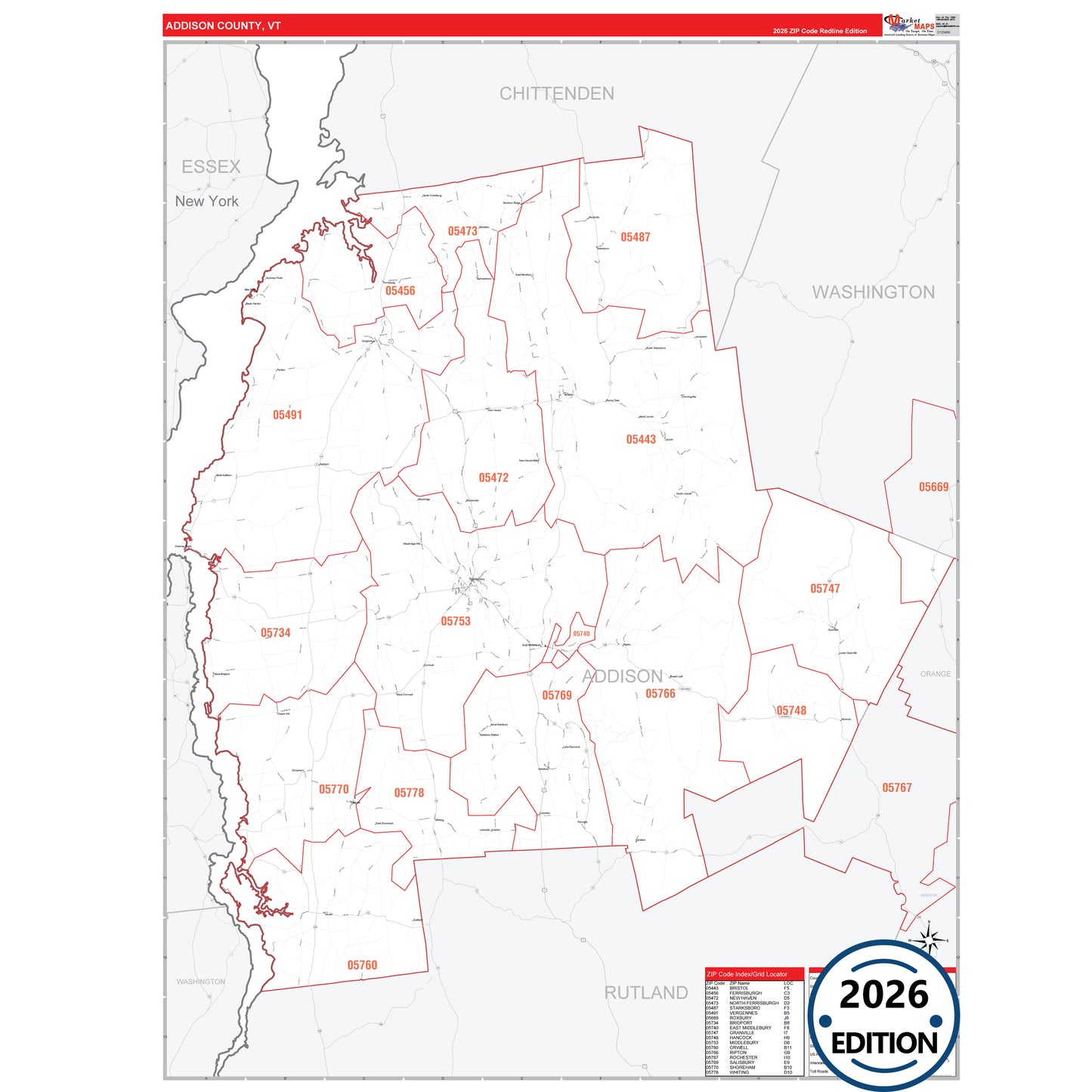 Addison County, VT Red Line 5 Digit ZIP Code Wall Map