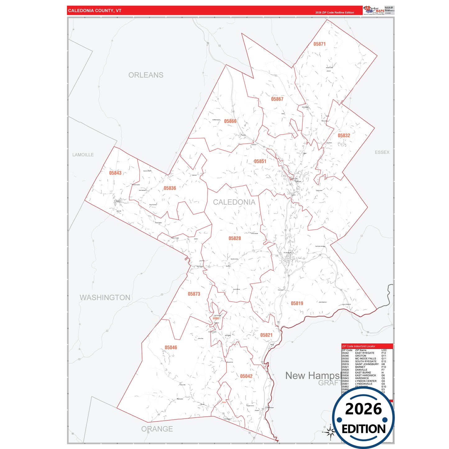 Caledonia County, VT Red Line 5 Digit ZIP Code Wall Map