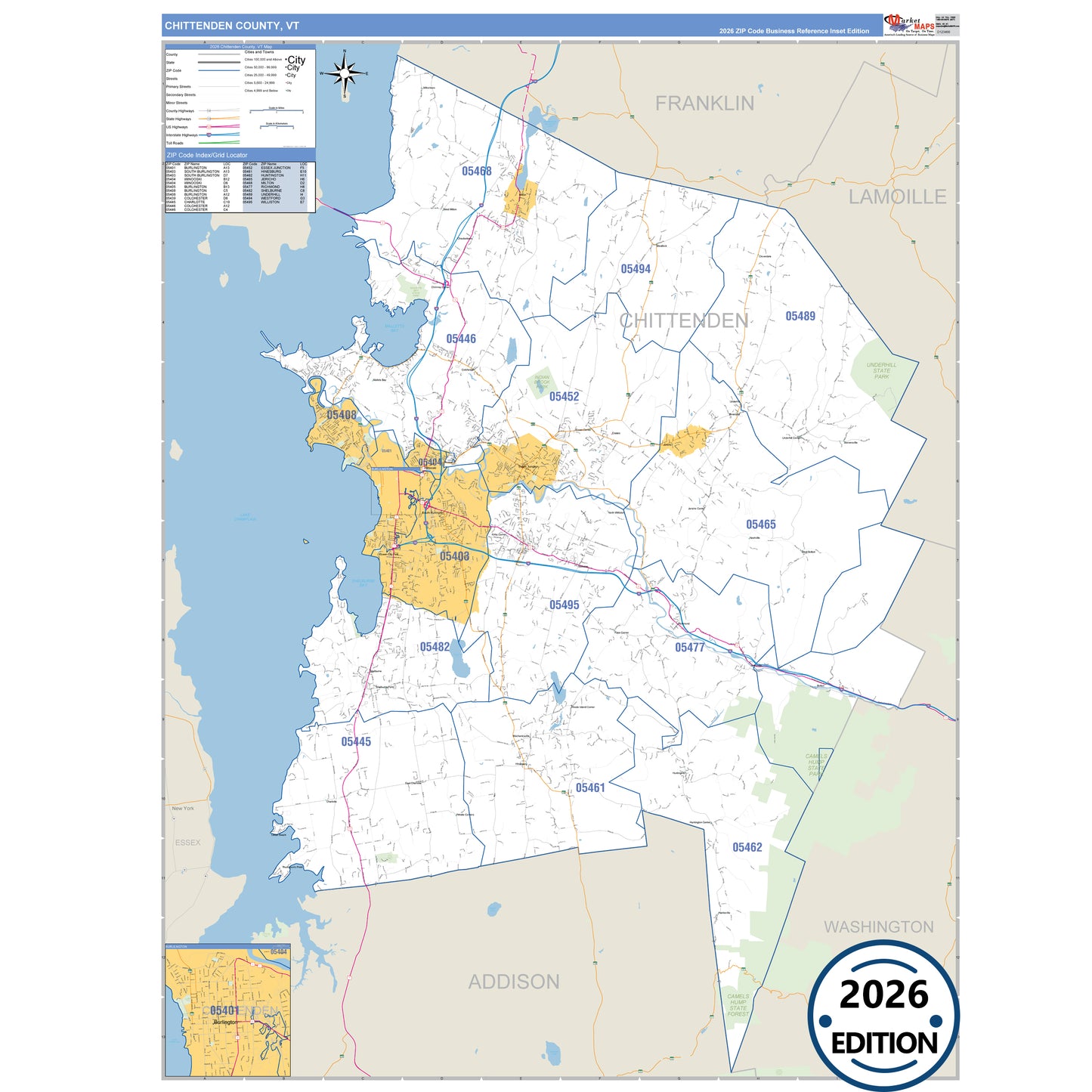 Chittenden County, VT Business Reference 5 Digit ZIP Code Wall Map