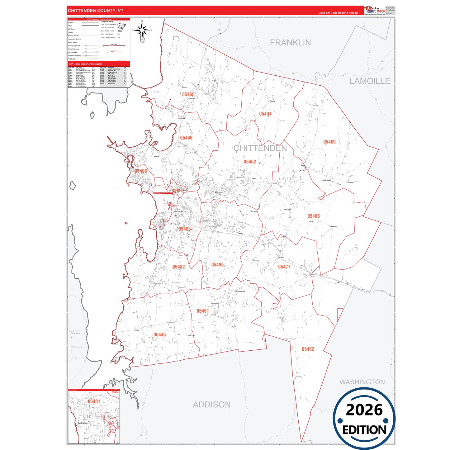 Chittenden County, VT Red Line 5 Digit ZIP Code Wall Map