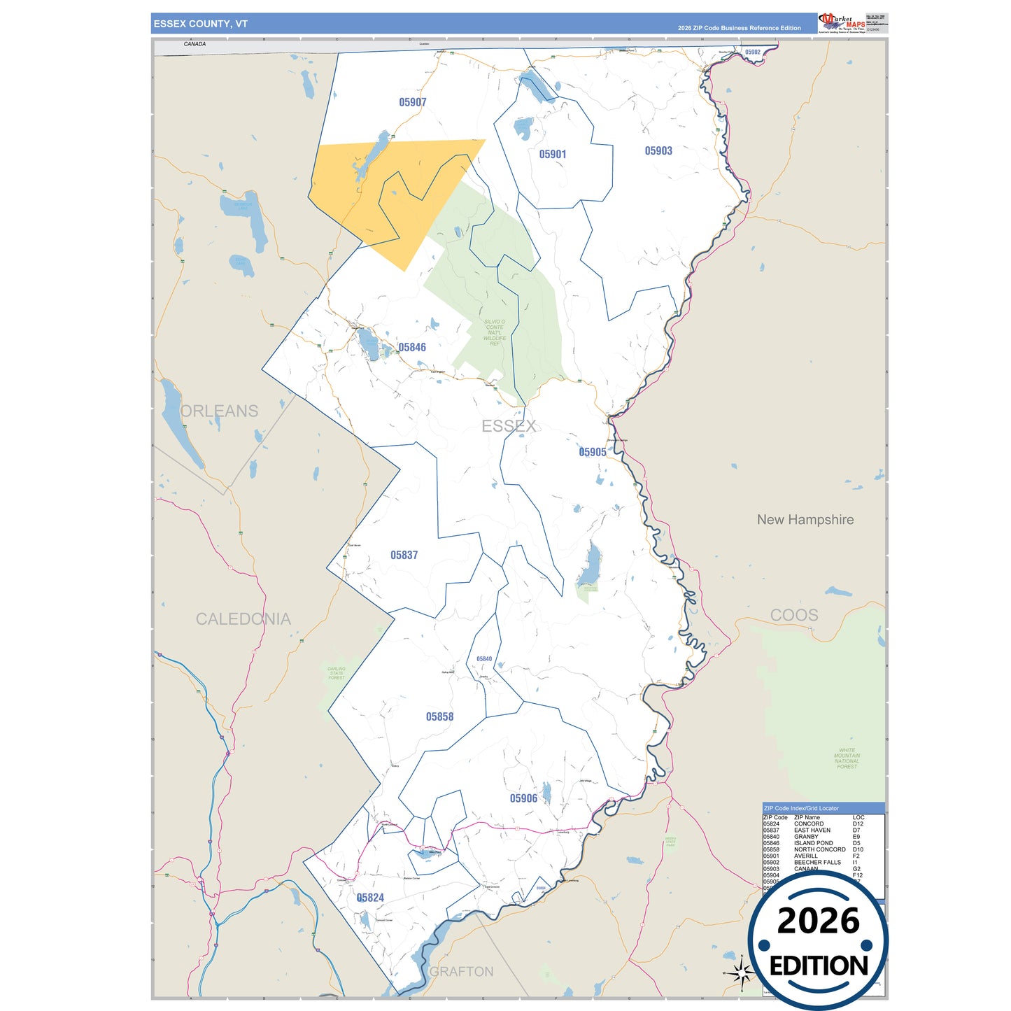 Essex County, VT Business Reference 5 Digit ZIP Code Wall Map