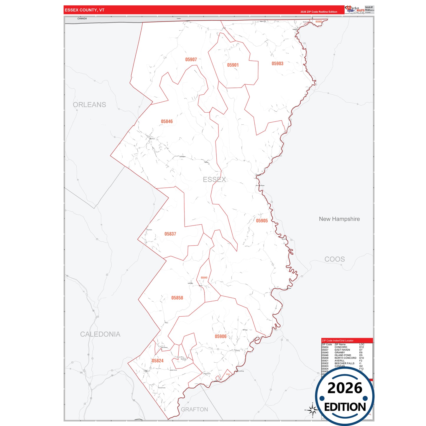Essex County, VT Red Line 5 Digit ZIP Code Wall Map