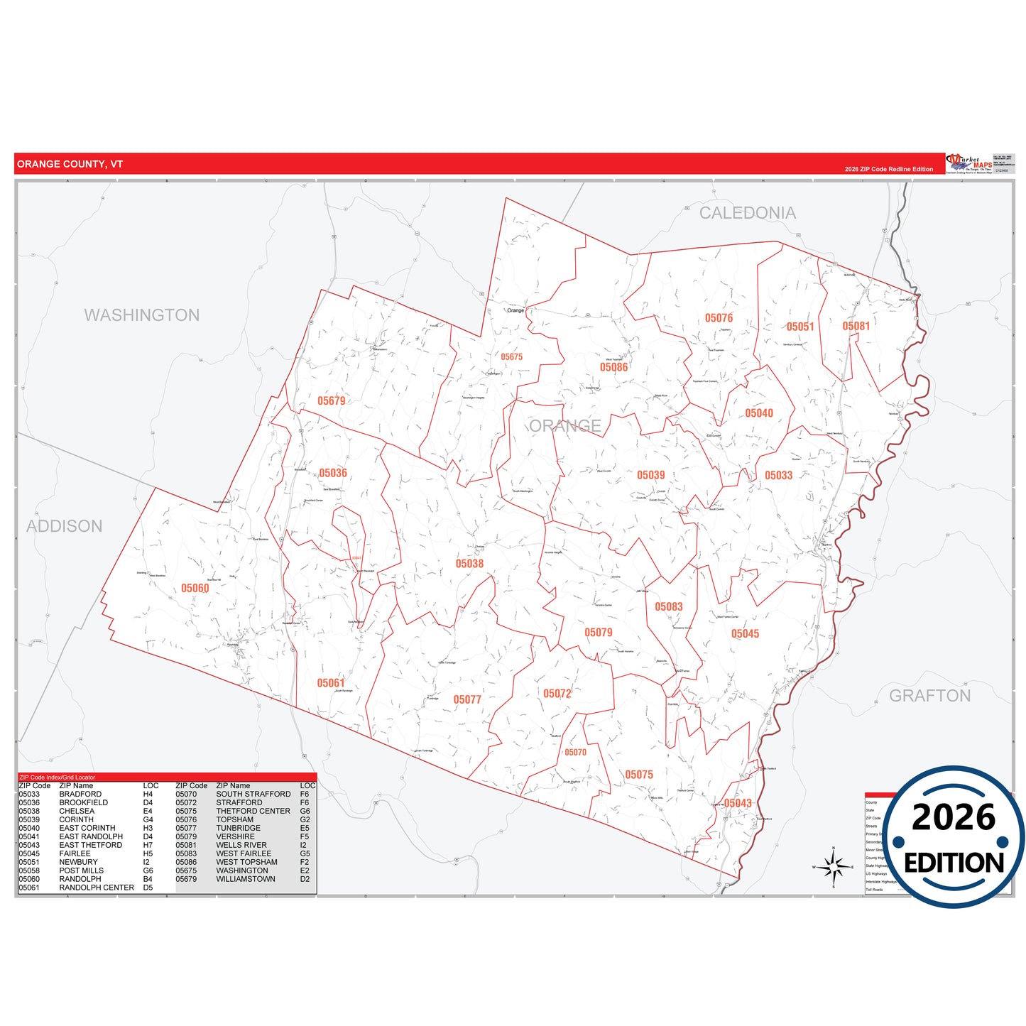 Orange County, VT Red Line 5 Digit ZIP Code Wall Map