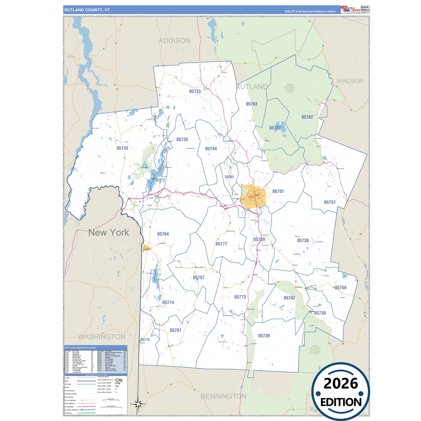Rutland County, VT Business Reference 5 Digit ZIP Code Wall Map