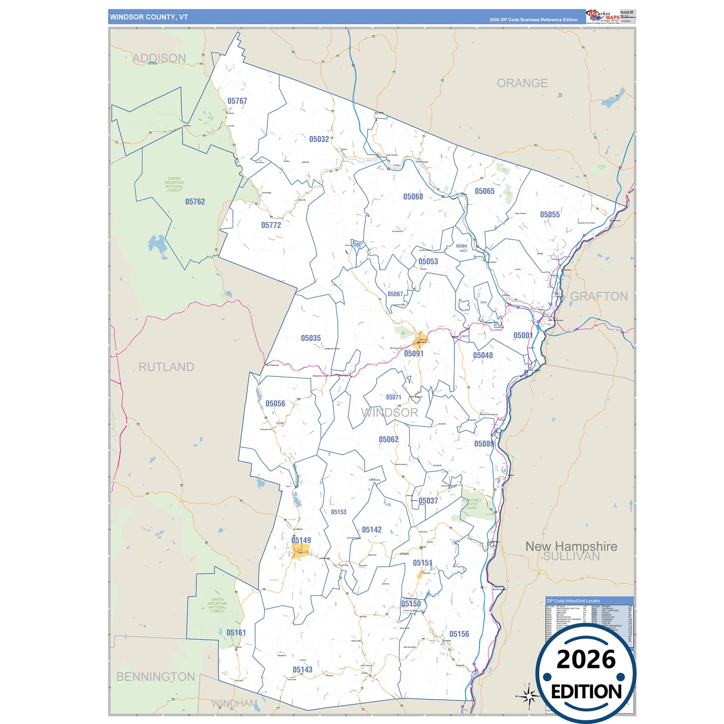 Windsor County, VT Business Reference 5 Digit ZIP Code Wall Map