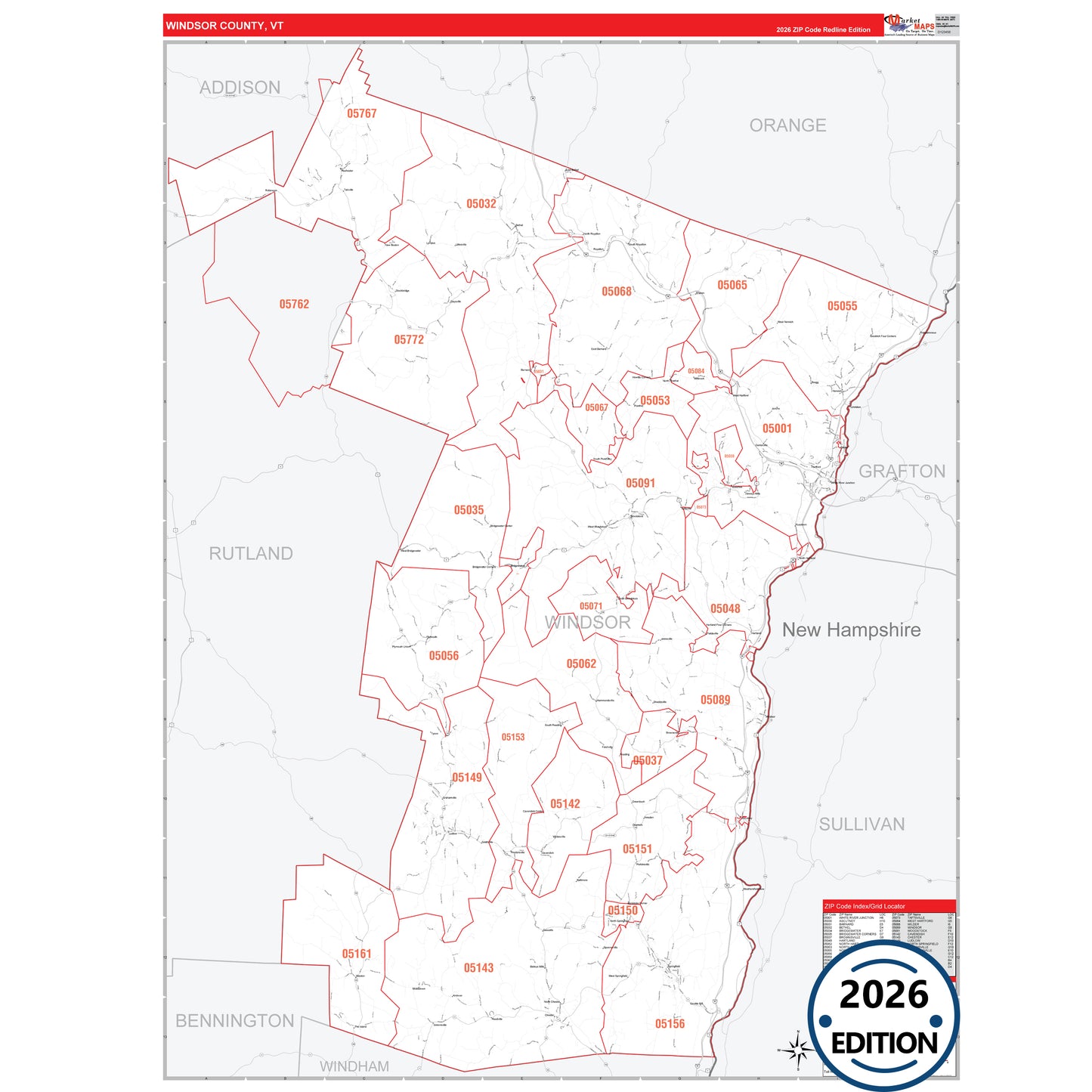 Windsor County, VT Red Line 5 Digit ZIP Code Wall Map