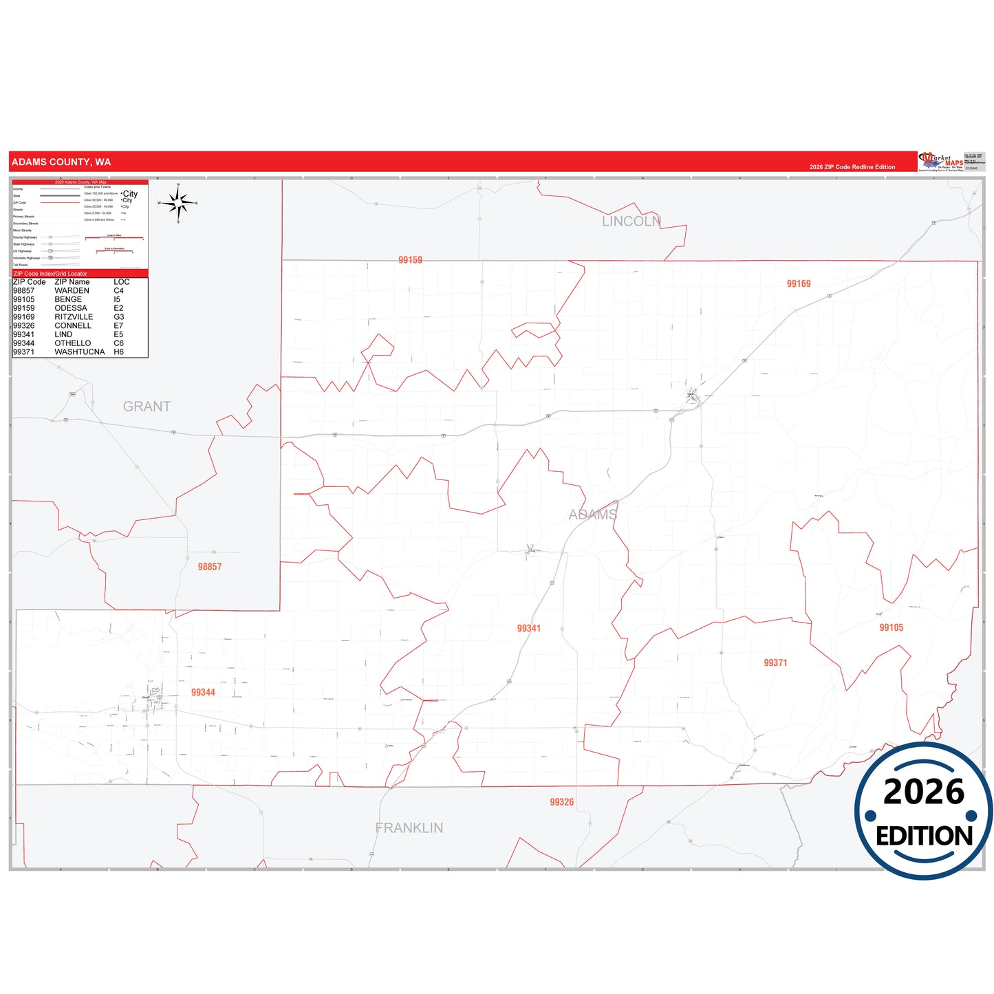 Adams County, WA Red Line 5 Digit ZIP Code Wall Map