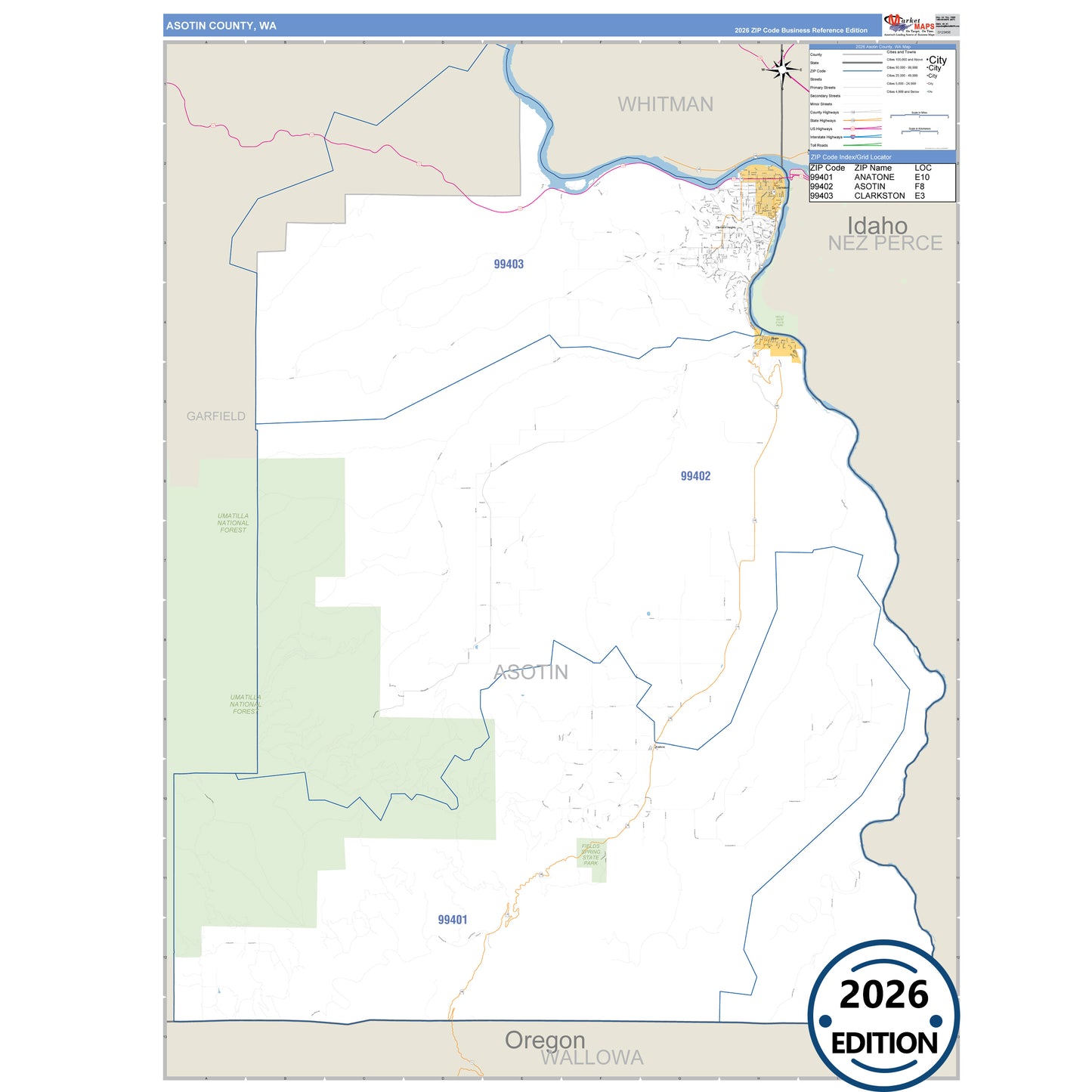 Asotin County, WA Business Reference 5 Digit ZIP Code Wall Map