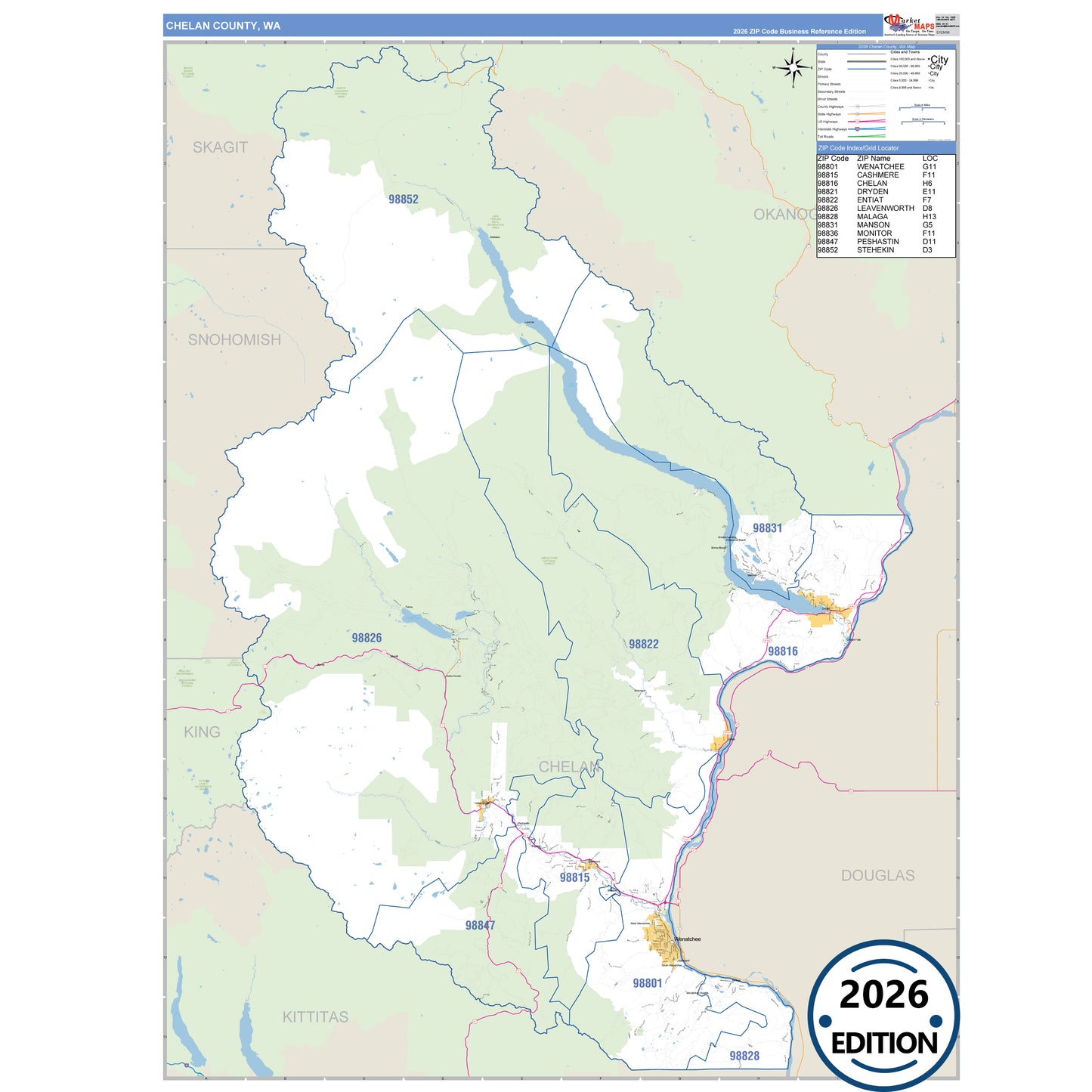 Chelan County, WA Business Reference 5 Digit ZIP Code Wall Map