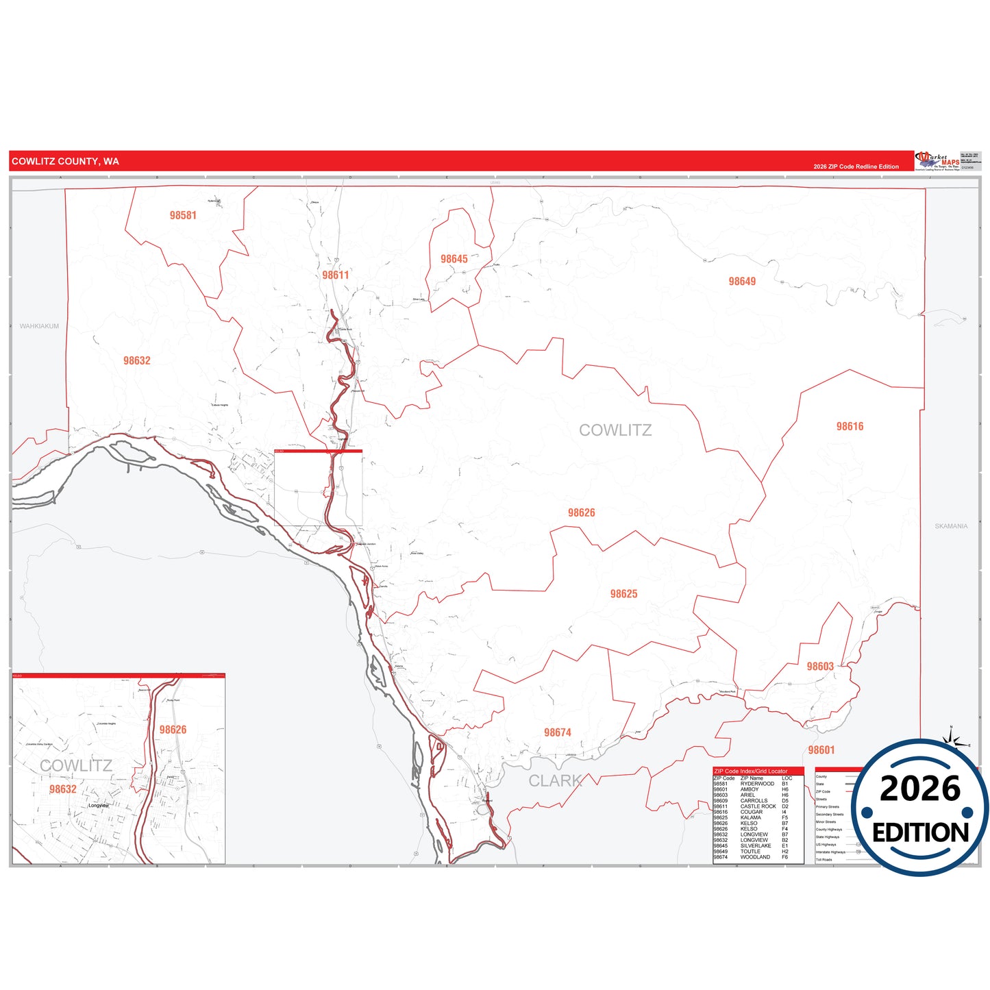 Cowlitz County, WA Red Line 5 Digit ZIP Code Wall Map