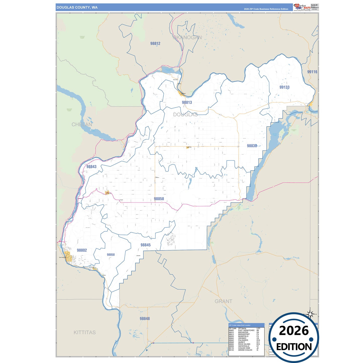 Douglas County, WA Business Reference 5 Digit ZIP Code Wall Map