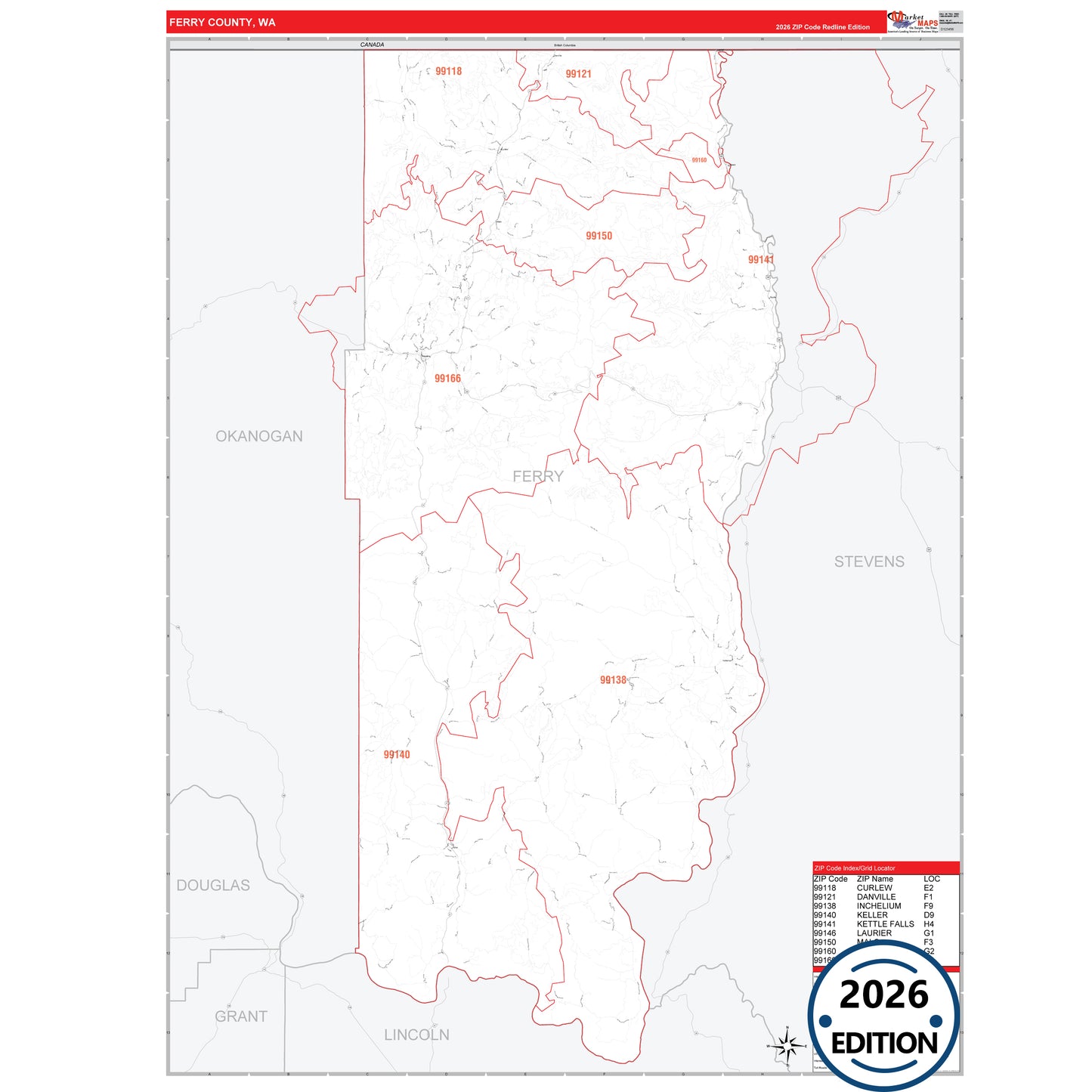 Ferry County, WA Red Line 5 Digit ZIP Code Wall Map