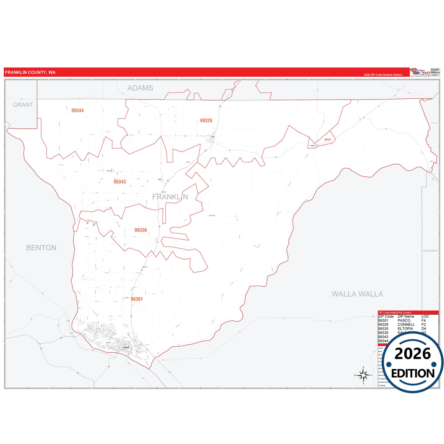 Franklin County, WA Red Line 5 Digit ZIP Code Wall Map