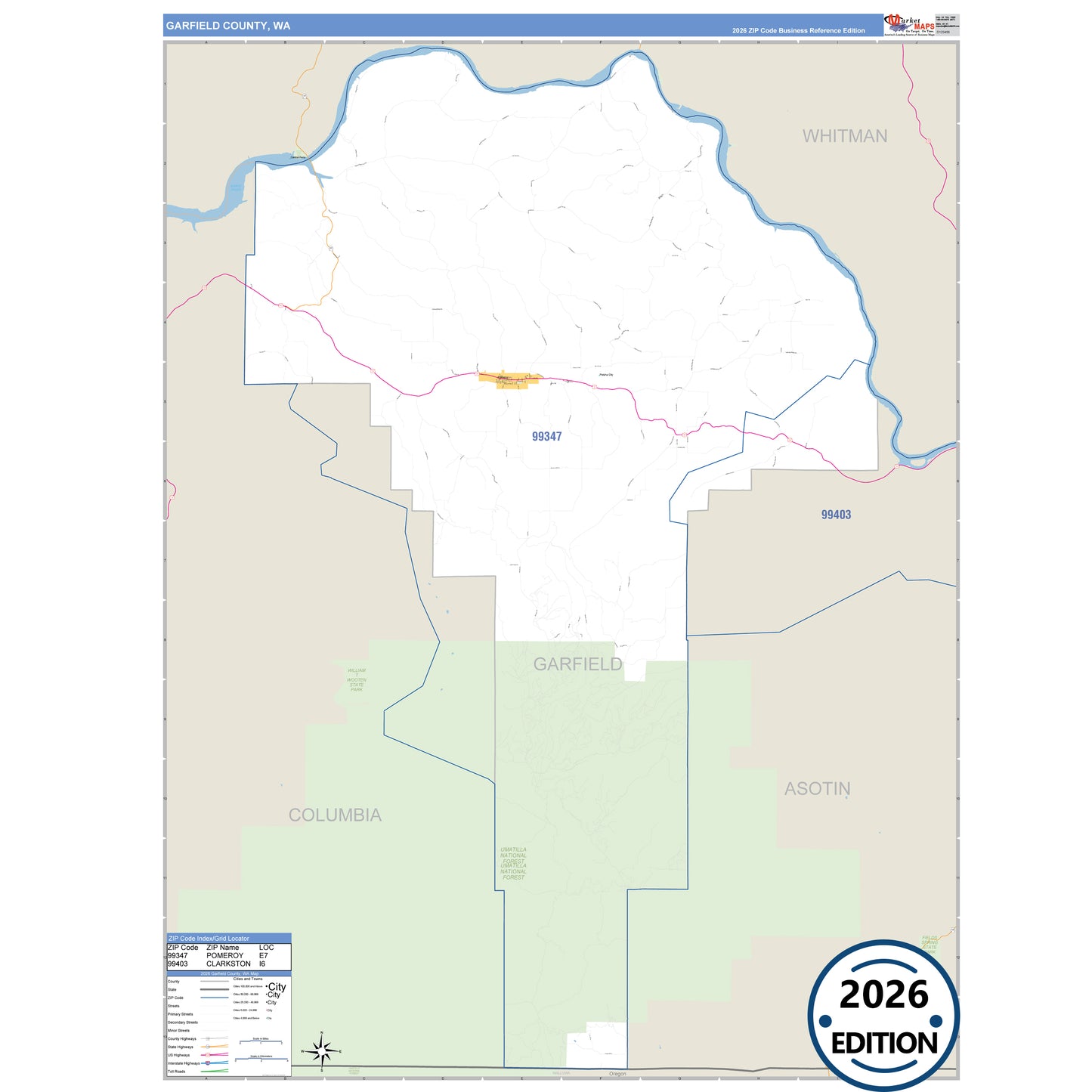 Garfield County, WA Business Reference 5 Digit ZIP Code Wall Map
