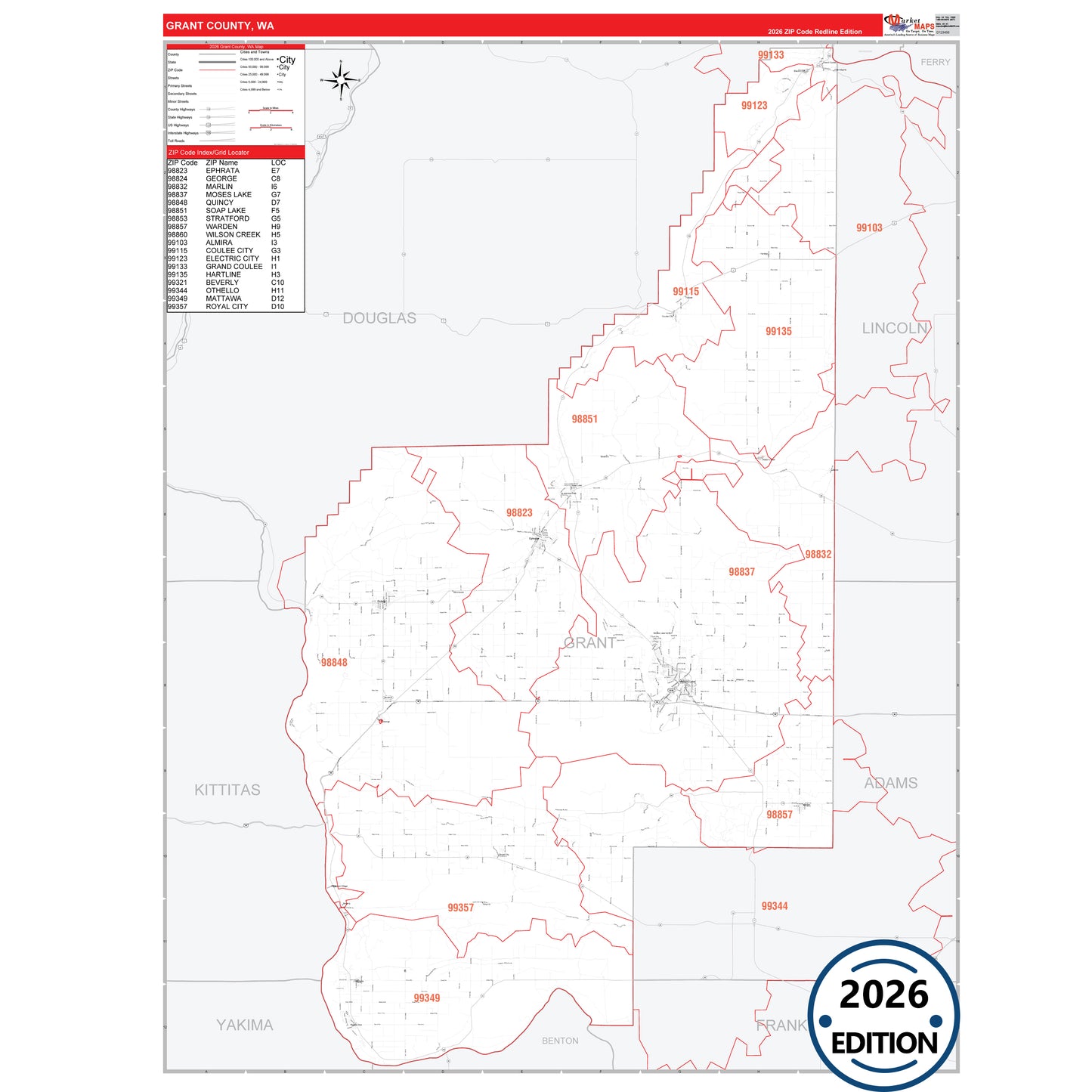 Grant County, WA Red Line 5 Digit ZIP Code Wall Map