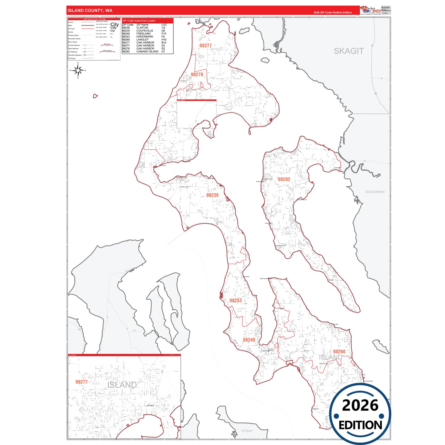 Island County, WA Red Line 5 Digit ZIP Code Wall Map