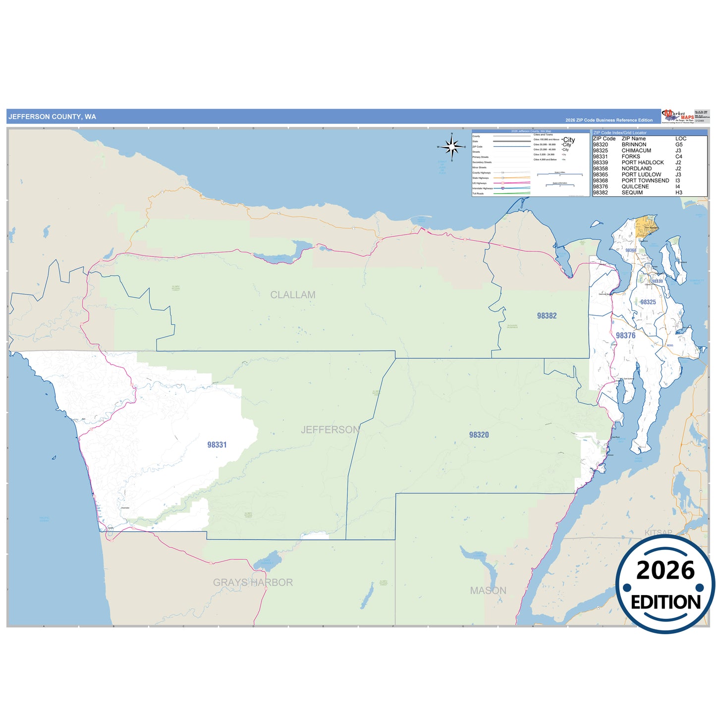 Jefferson County, WA Business Reference 5 Digit ZIP Code Wall Map