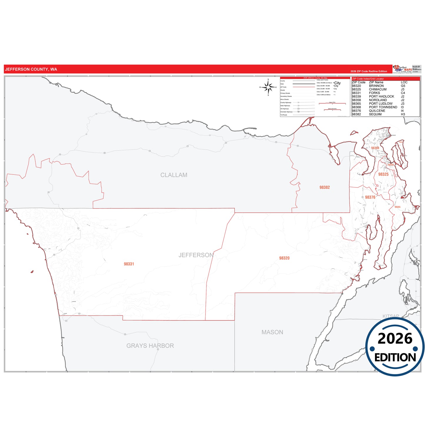 Jefferson County, WA Red Line 5 Digit ZIP Code Wall Map