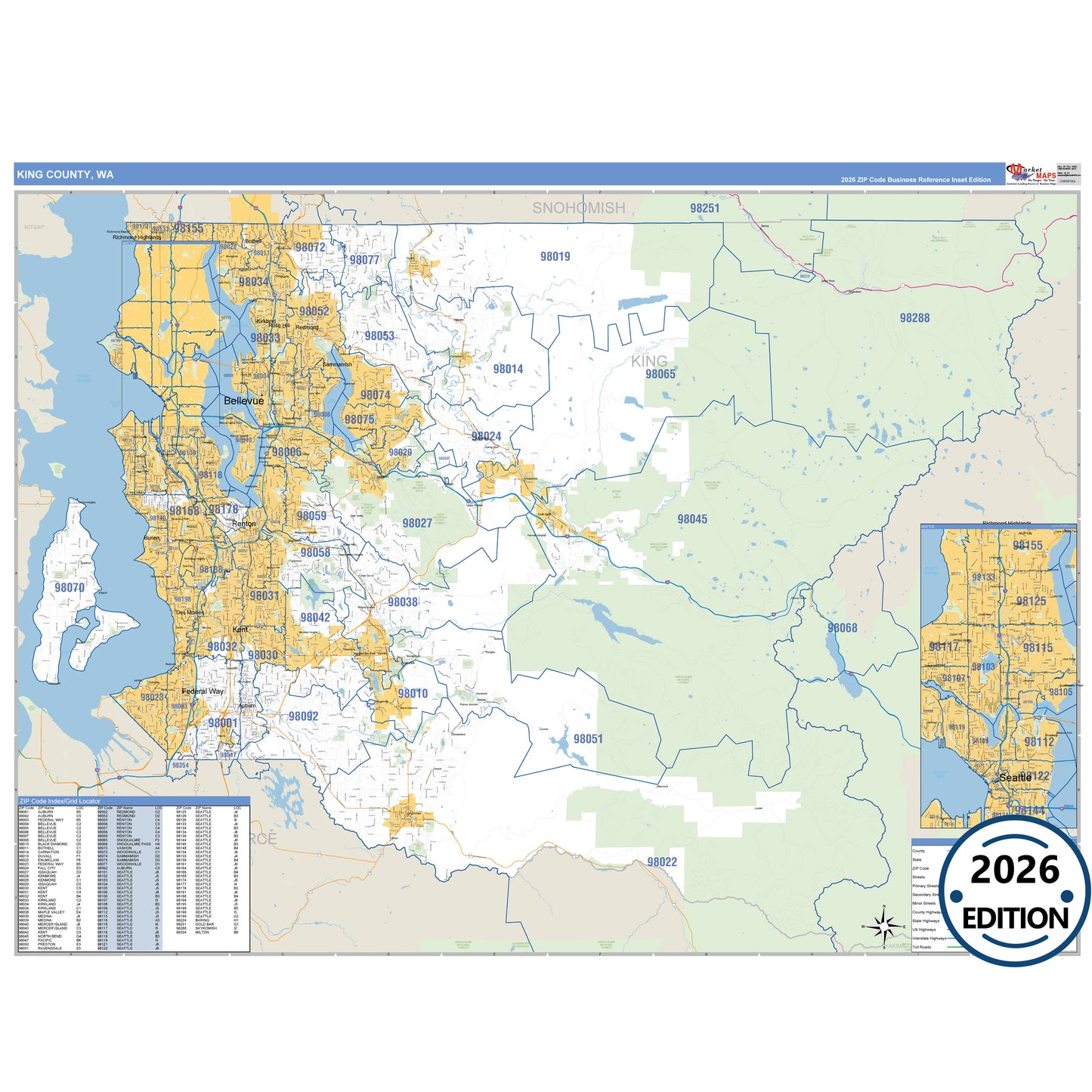 King County, WA Business Reference 5 Digit ZIP Code Wall Map