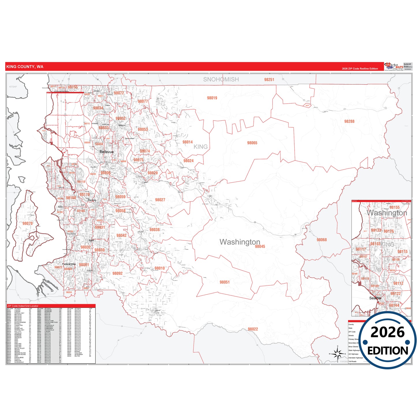 King County, WA Red Line 5 Digit ZIP Code Wall Map