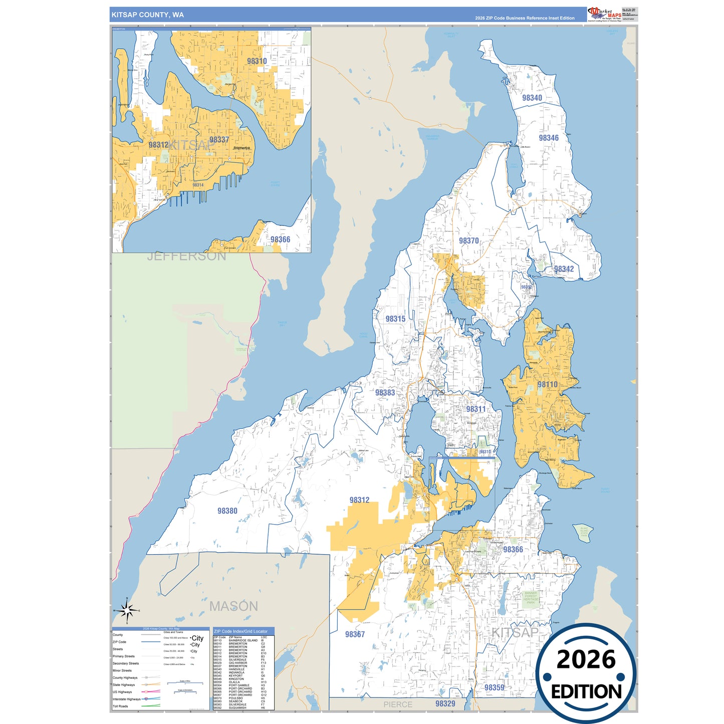 Kitsap County, WA Business Reference 5 Digit ZIP Code Wall Map
