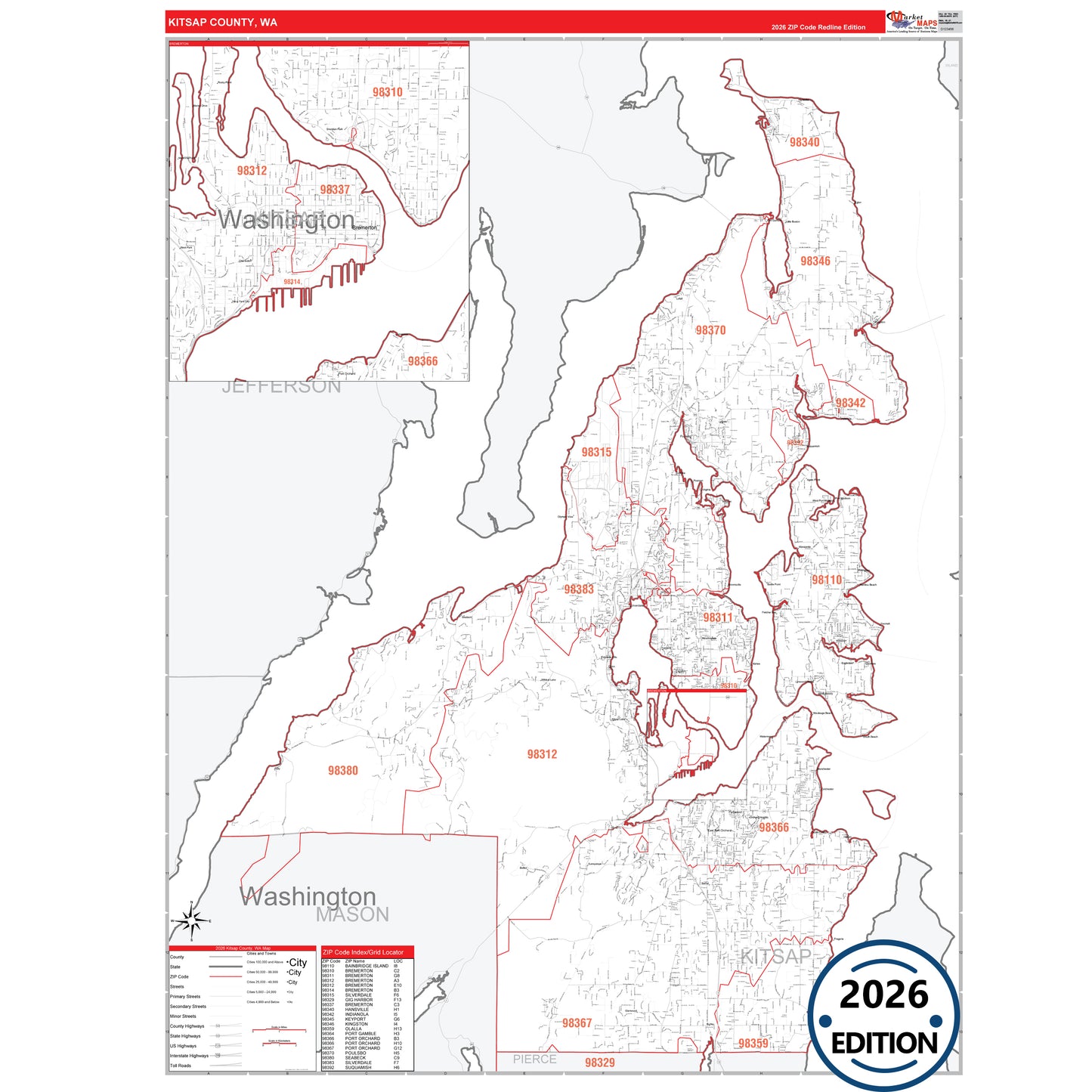 Kitsap County, WA Red Line 5 Digit ZIP Code Wall Map
