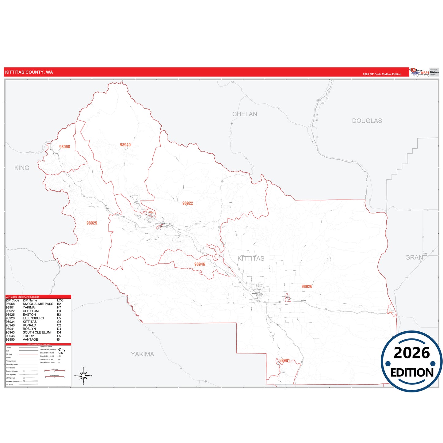 Kittitas County, WA Red Line 5 Digit ZIP Code Wall Map