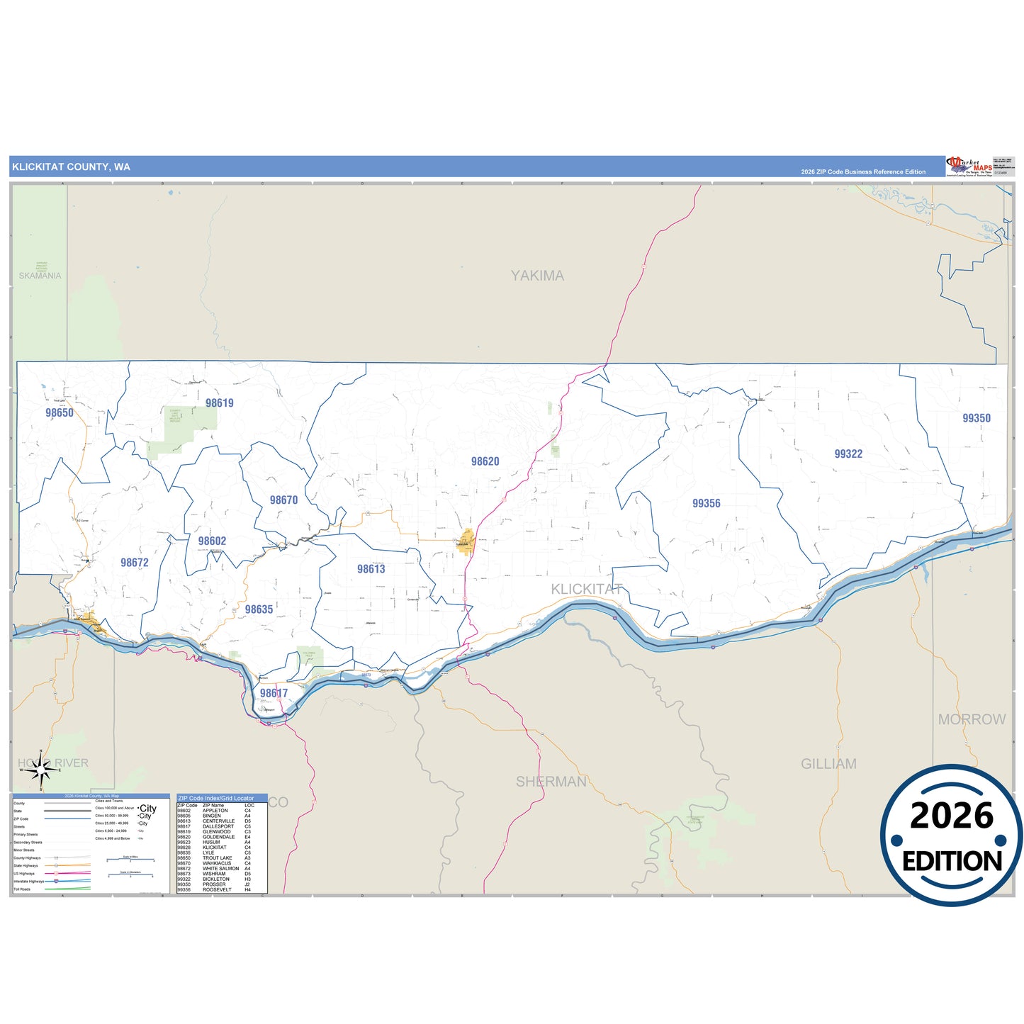 Klickitat County, WA Business Reference 5 Digit ZIP Code Wall Map