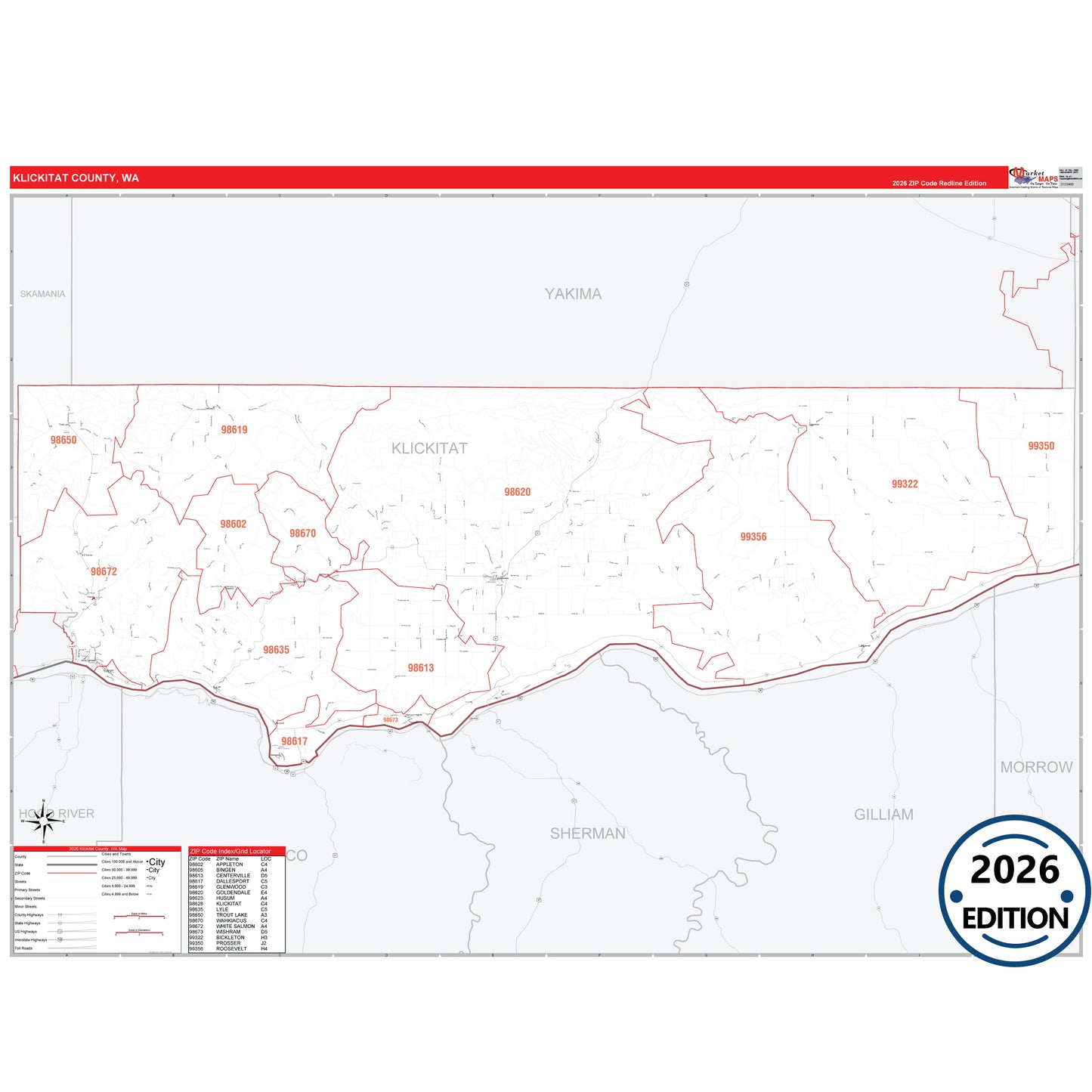 Klickitat County, WA Red Line 5 Digit ZIP Code Wall Map