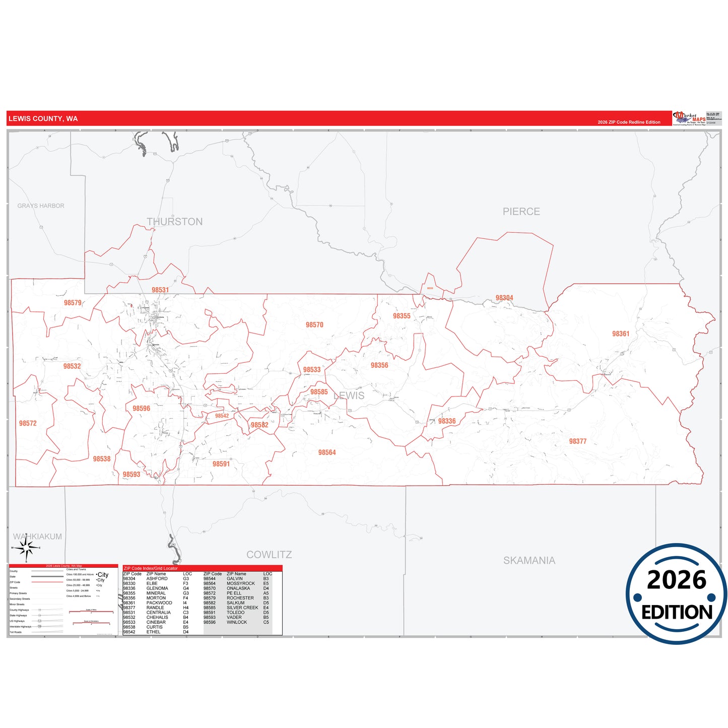 Lewis County, WA Red Line 5 Digit ZIP Code Wall Map