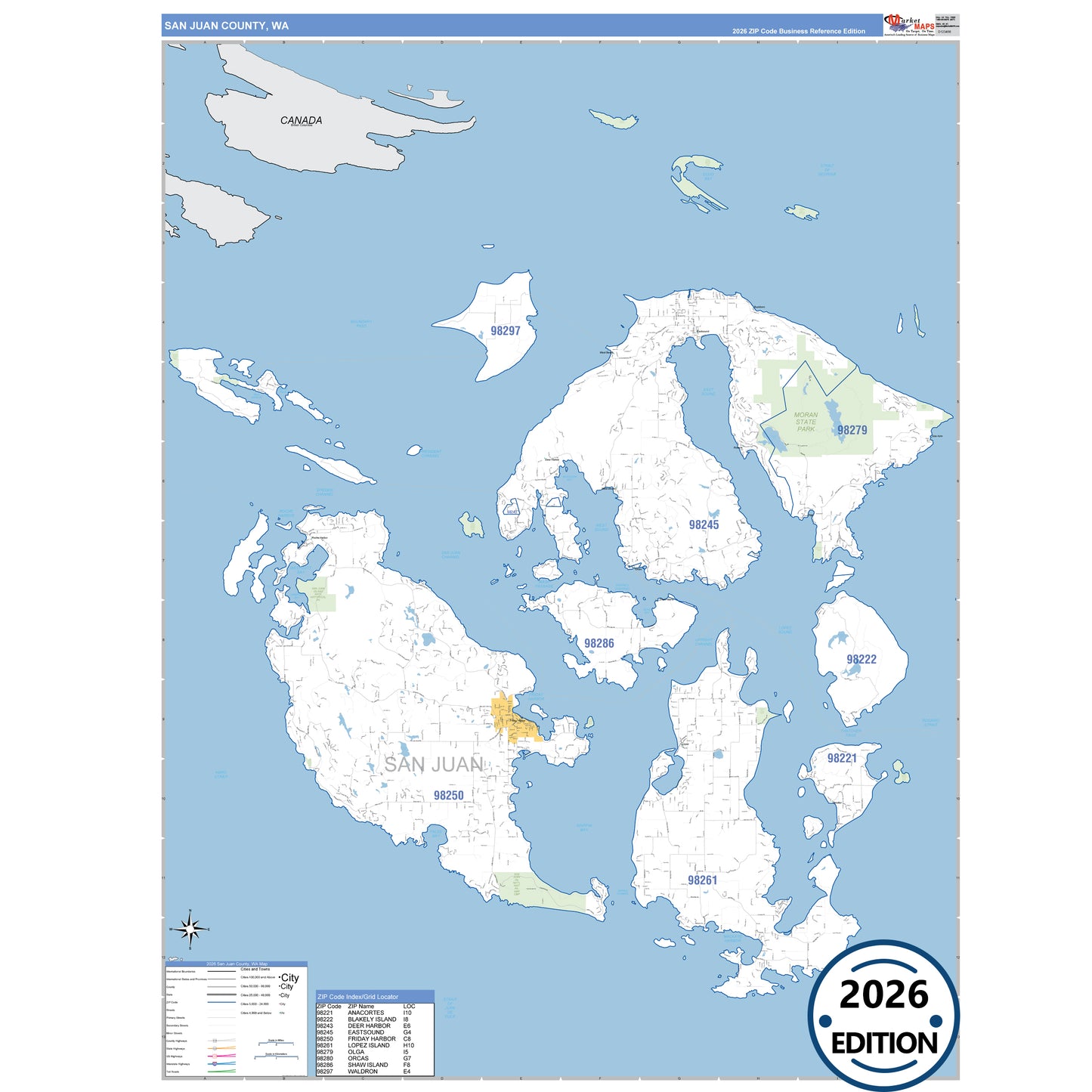 San Juan County, WA Business Reference 5 Digit ZIP Code Wall Map