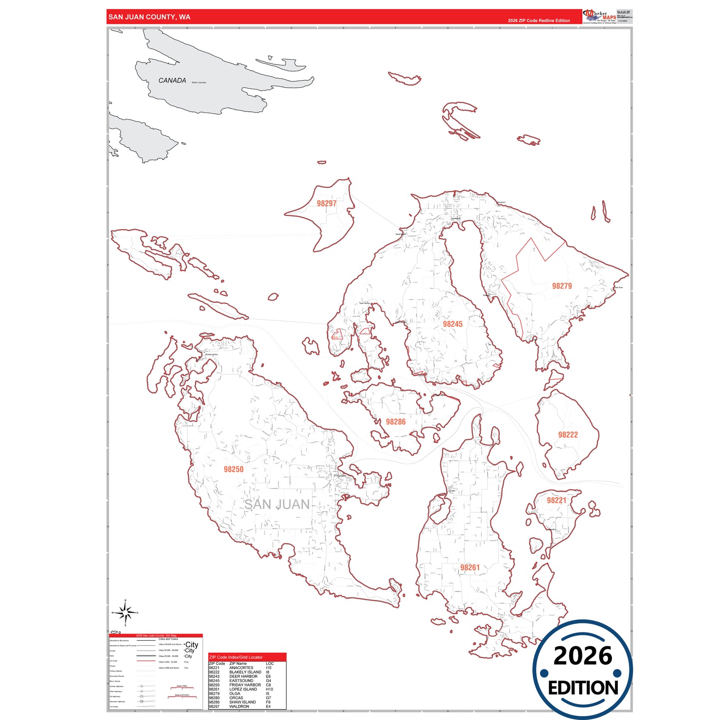 San Juan County, WA Red Line 5 Digit ZIP Code Wall Map