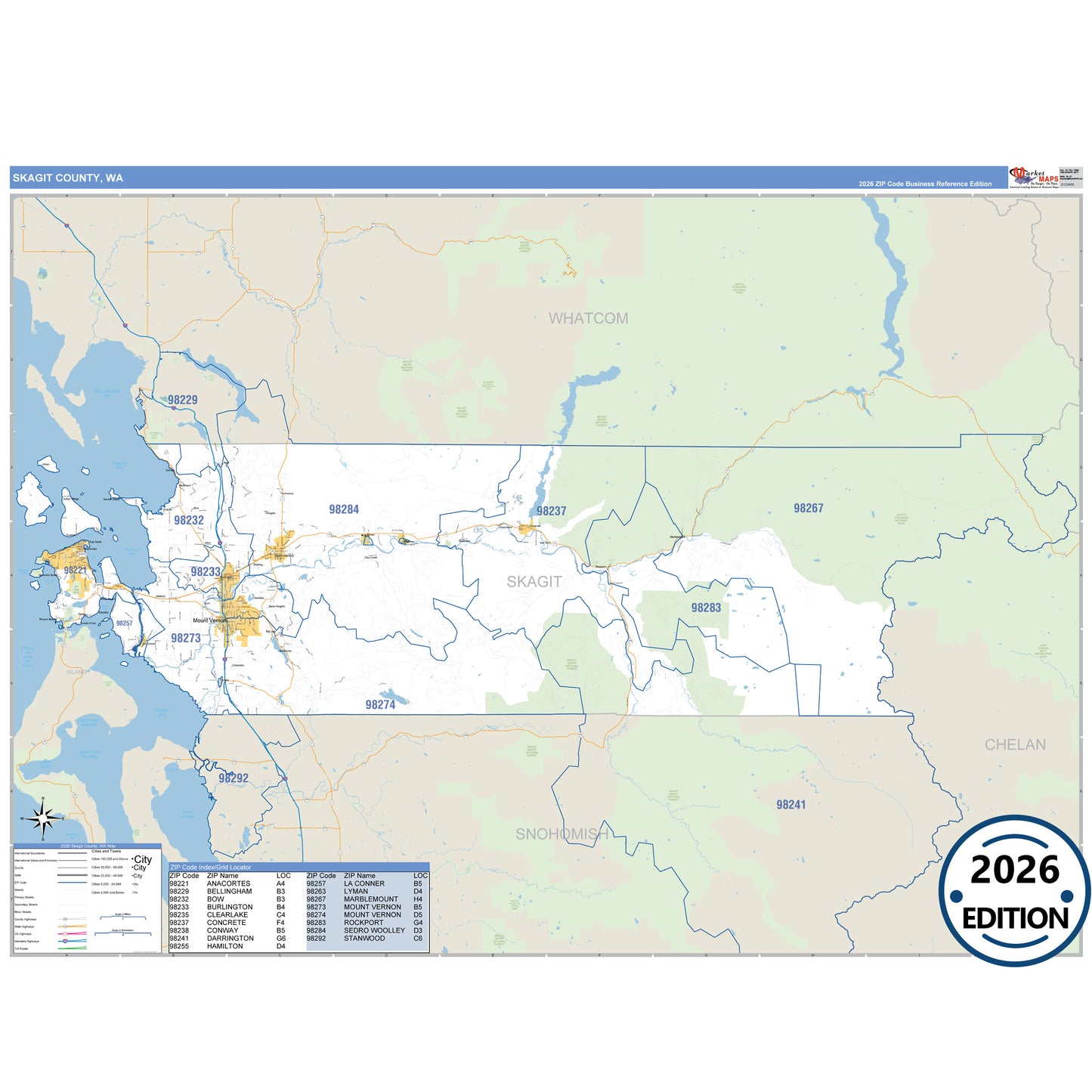Skagit County, WA Business Reference 5 Digit ZIP Code Wall Map