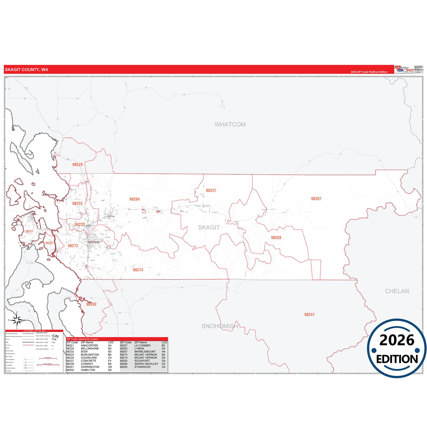 Skagit County, WA Red Line 5 Digit ZIP Code Wall Map