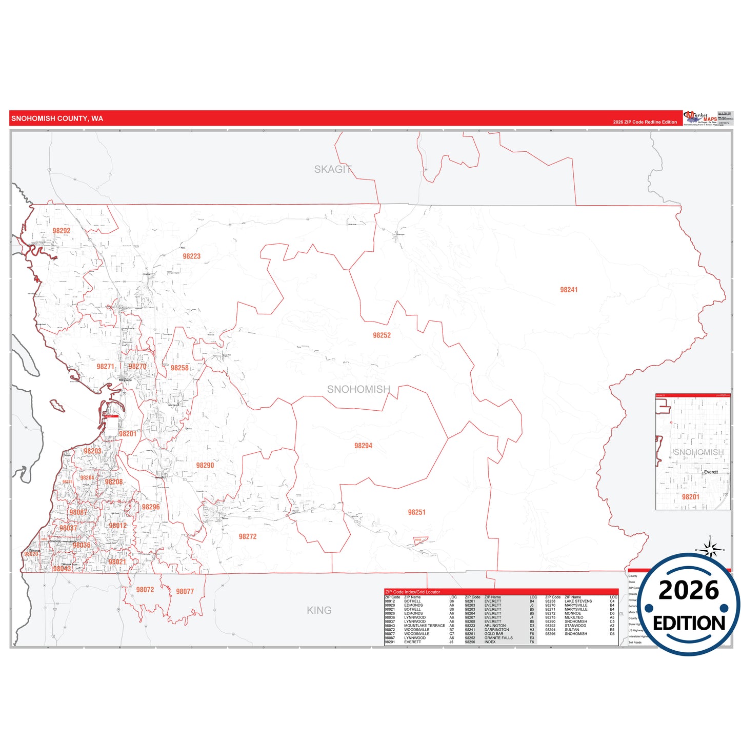 Snohomish County, WA Red Line 5 Digit ZIP Code Wall Map
