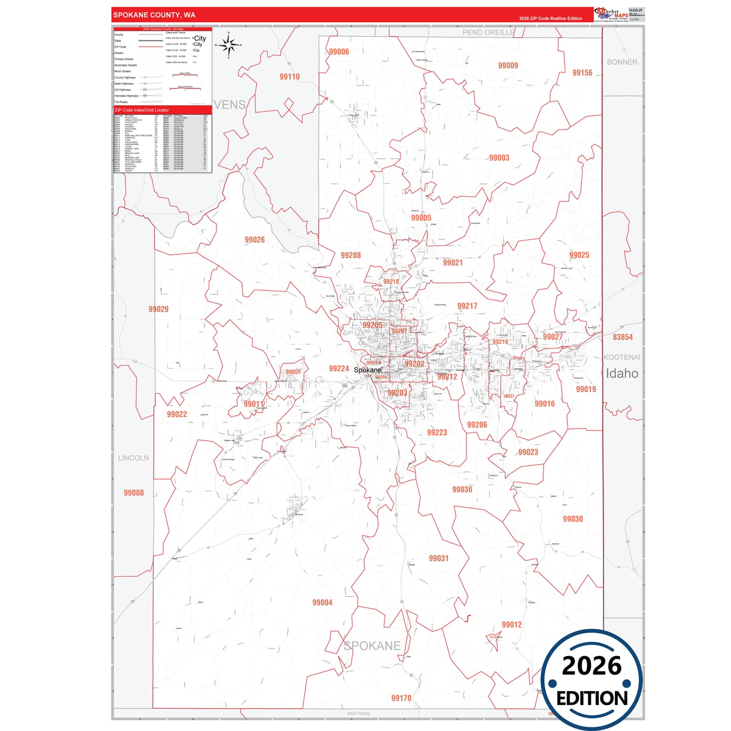 Spokane County, WA Red Line 5 Digit ZIP Code Wall Map