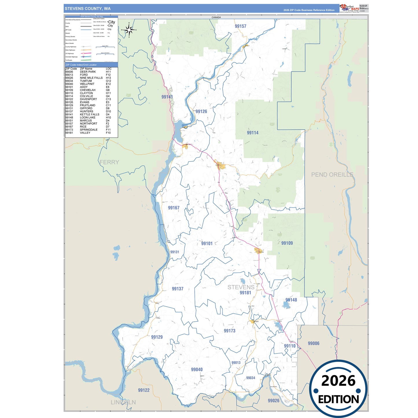 Stevens County, WA Business Reference 5 Digit ZIP Code Wall Map