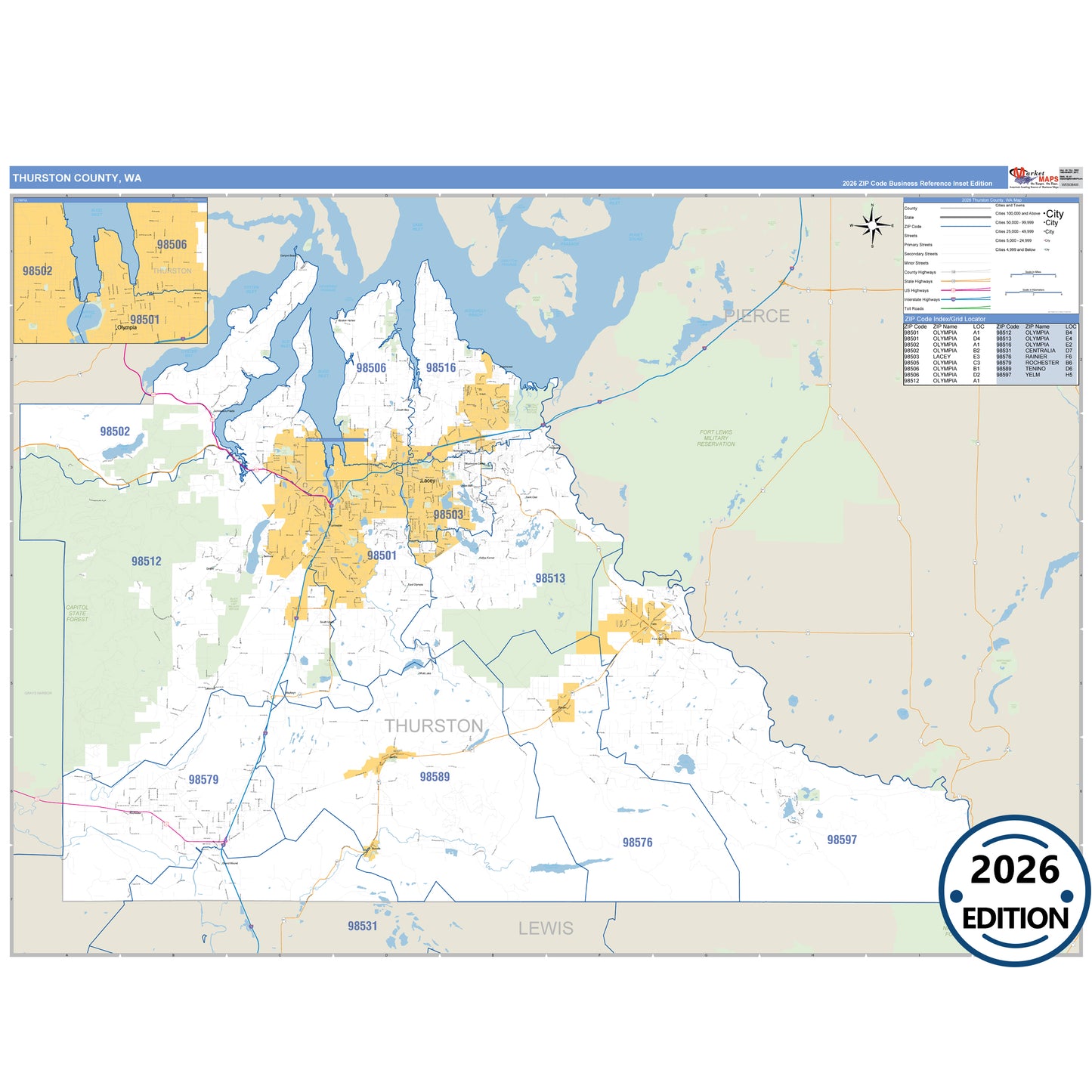 Thurston County, WA Business Reference 5 Digit ZIP Code Wall Map