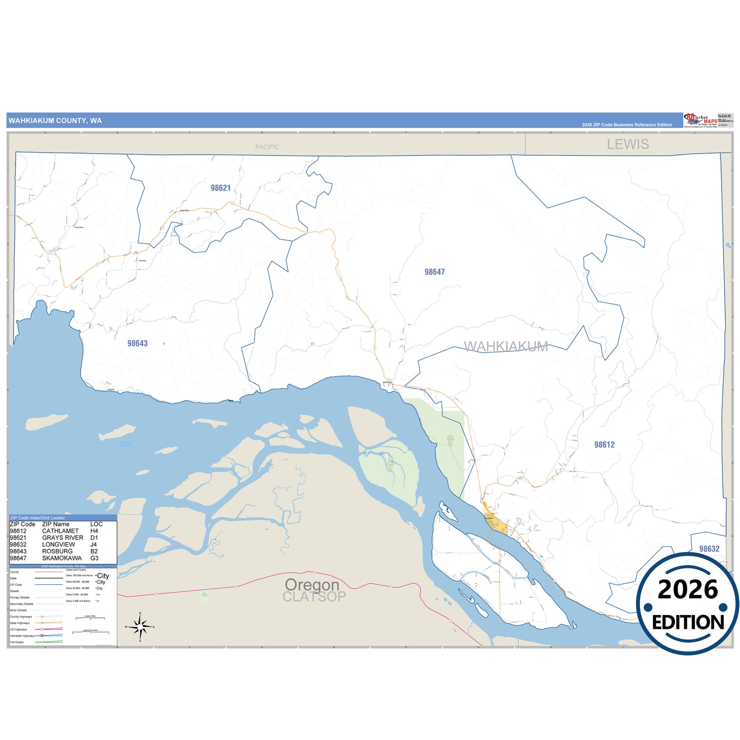 Wahkiakum County, WA Business Reference 5 Digit ZIP Code Wall Map
