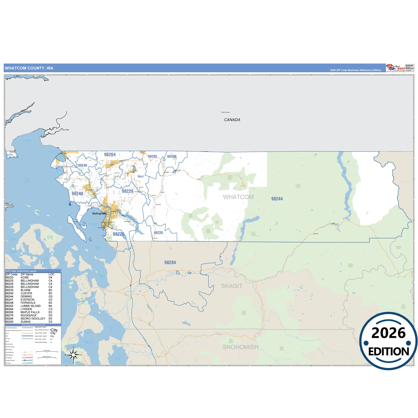 Whatcom County, WA Business Reference 5 Digit ZIP Code Wall Map